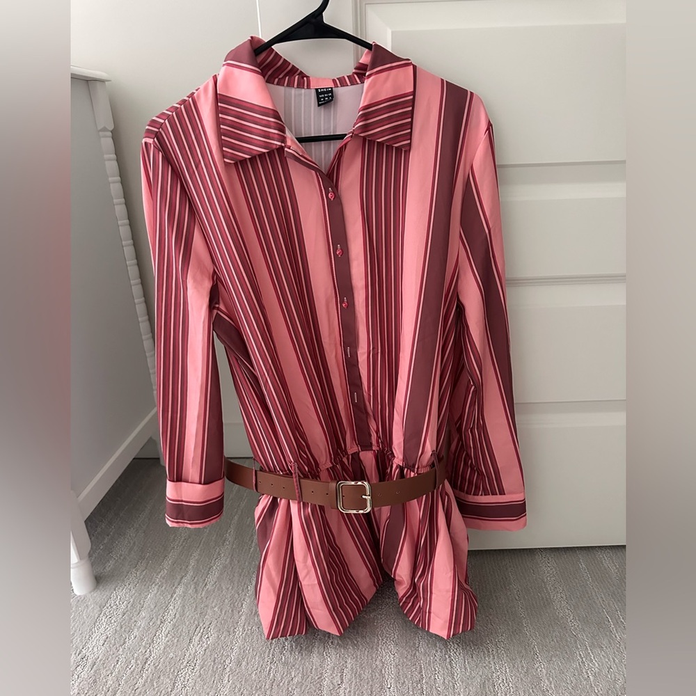 Pink striped belted balloon mini dress